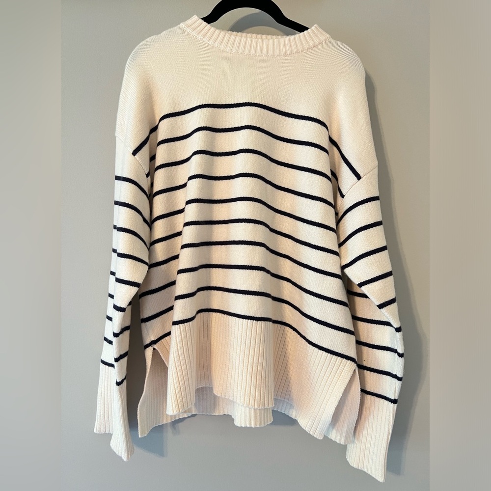Zara Cream and Black Striped Crew Neck Sweater